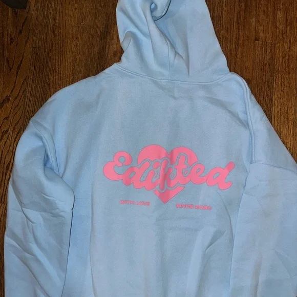 Edikted Light Blue Hoodie with Pink Heart Script Front Back - NWT Medium - Picture 5 of 5